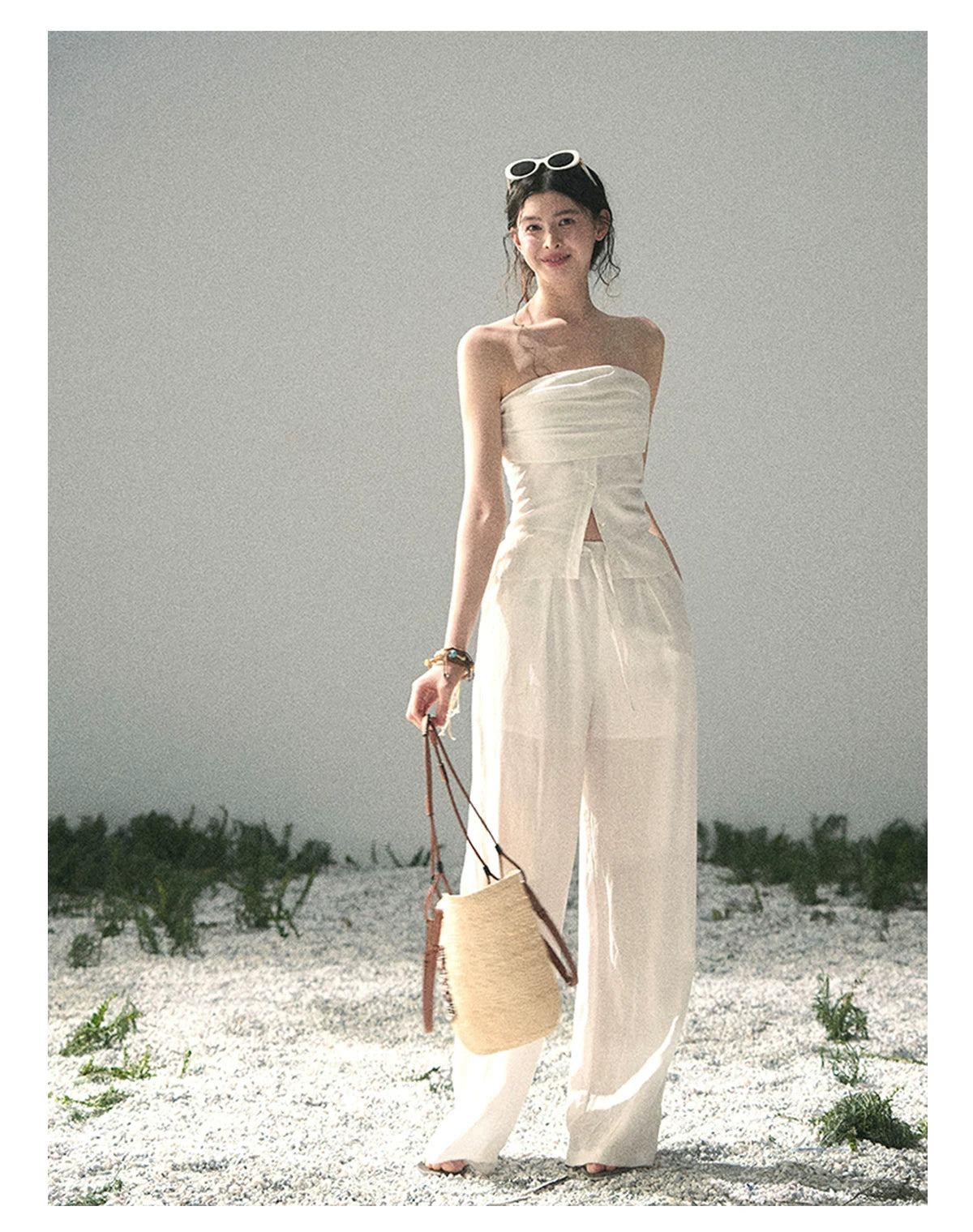 “Breath Across the Shoulders” Natural Beige Layered Bustier Top & Wide-Leg Trousers
