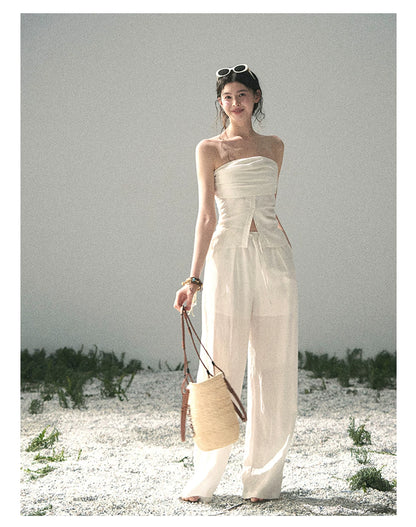 “Breath Across the Shoulders” Natural Beige Layered Bustier Top & Wide-Leg Trousers