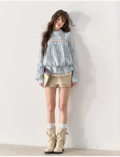 [TMMG] French Vintage Plaid Lace Ruffle Blouse (Blue Plaid)
