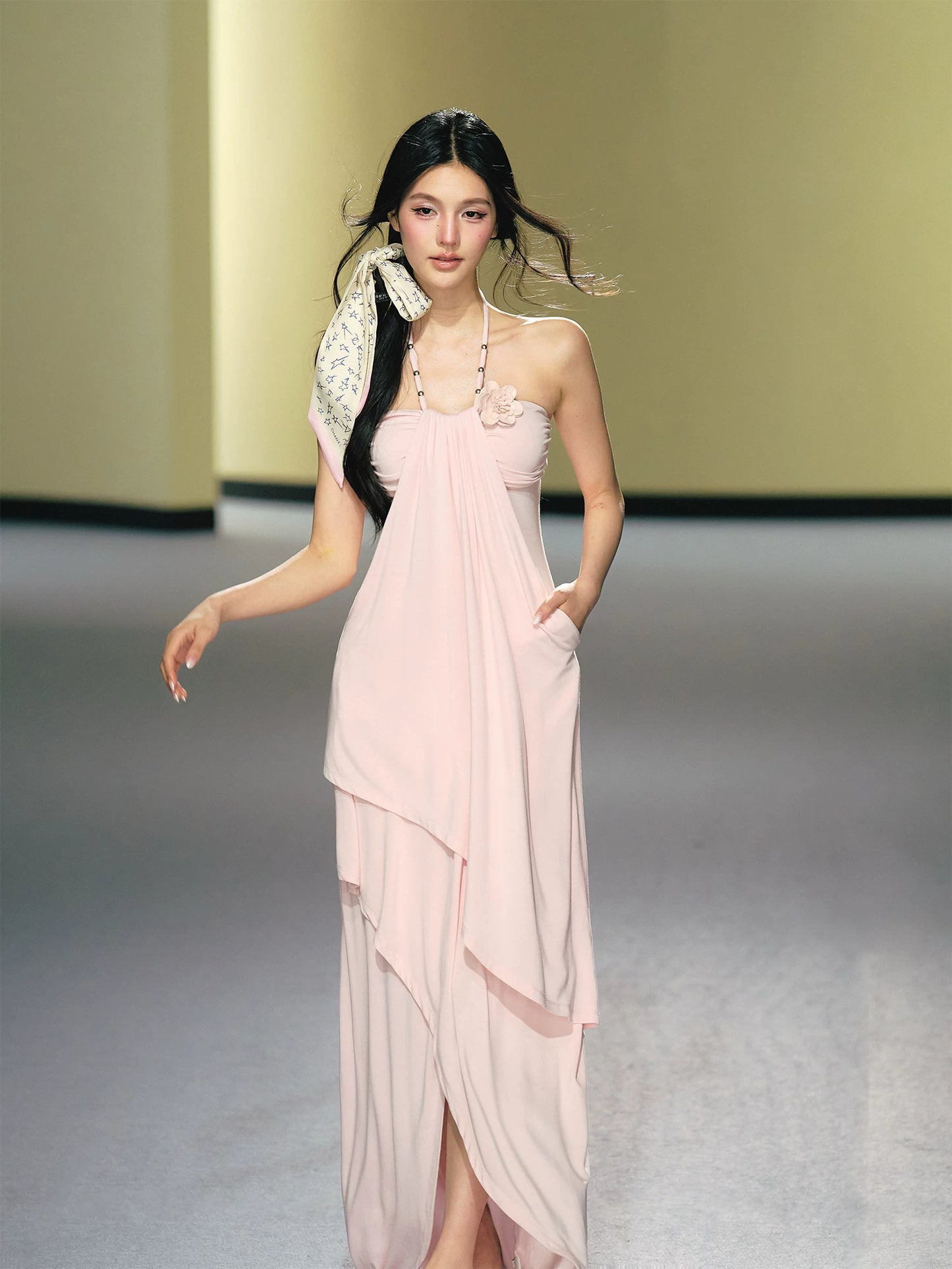 "Moonlit Reverie" Halter Layered Maxi Dress (Black/ Blush Pink)