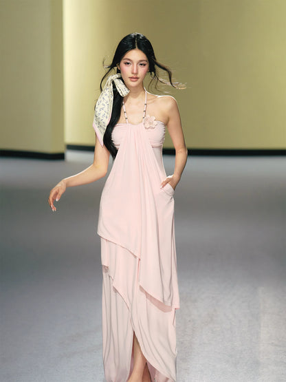 "Moonlit Reverie" Halter Layered Maxi Dress (Black/ Blush Pink)