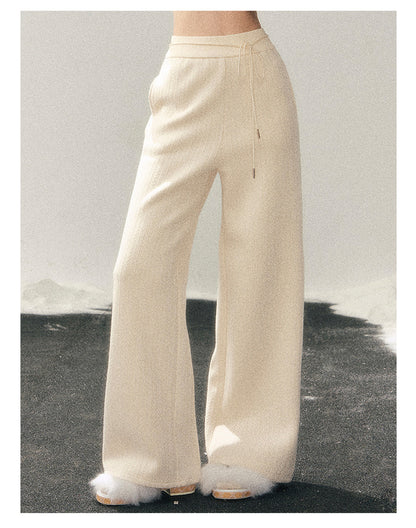 少也眼 "She Drifts Like a Cloud" Korean Minimal Knit Wide-Leg Pants - Milky Almond White
