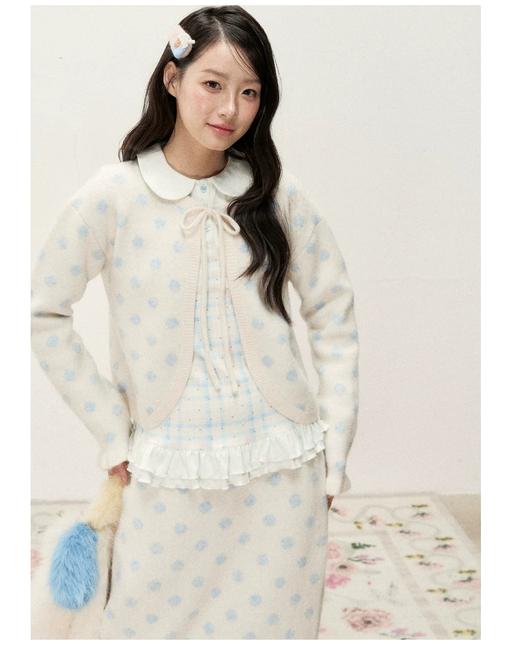 [RF] Ice Blue Polka Dot Knit Cardigan & Midi Skirt Set