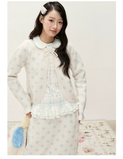 [RF] Ice Blue Polka Dot Knit Cardigan & Midi Skirt Set