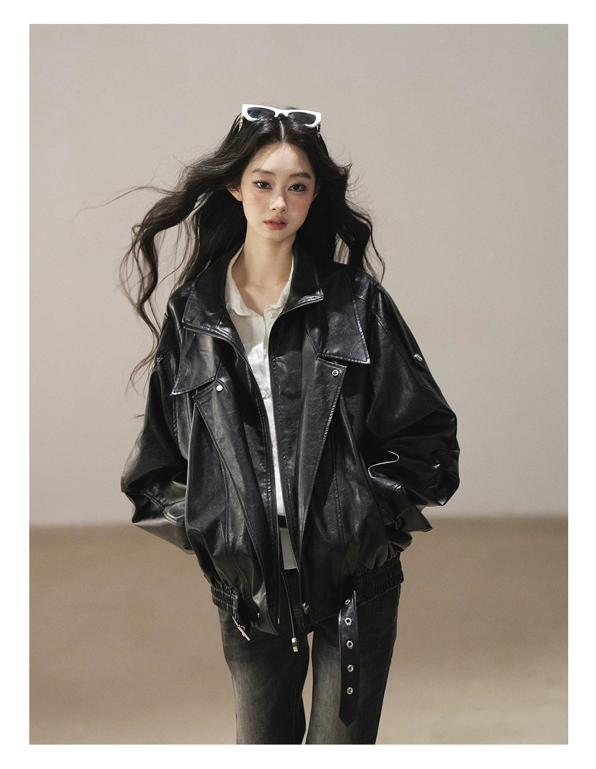 AOMALM - "Solo Journey" Quiet Black Oversized PU Moto Jacket