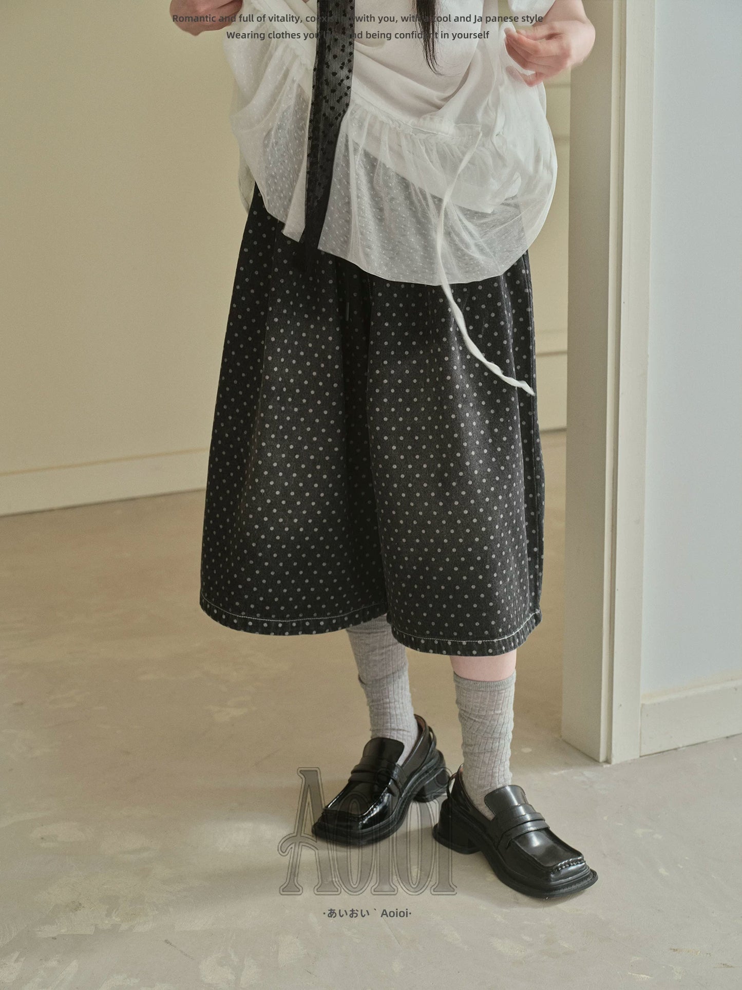 "Midnight Dots" Charcoal Black Polka Dot Cropped Wide Leg Jeans