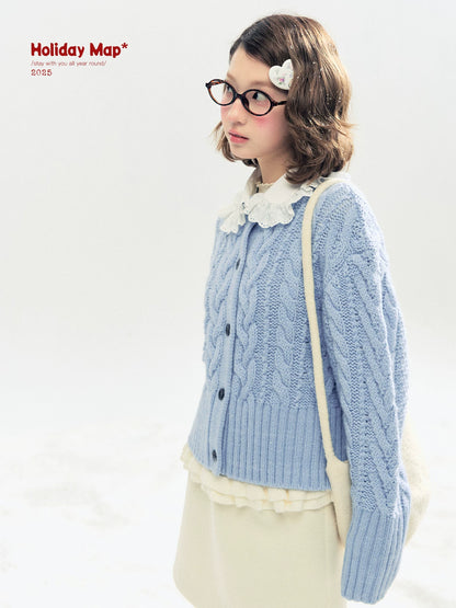"Cotton Mousse" Cable Knit Cardigan with Detachable Ruffle Collar (Cotton Blue/ Soft White)
