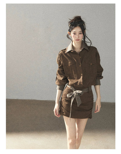 AOMALM - "A Promise Beneath the Oak" Crabapple Brown Plaid Shirt Dress with Belt