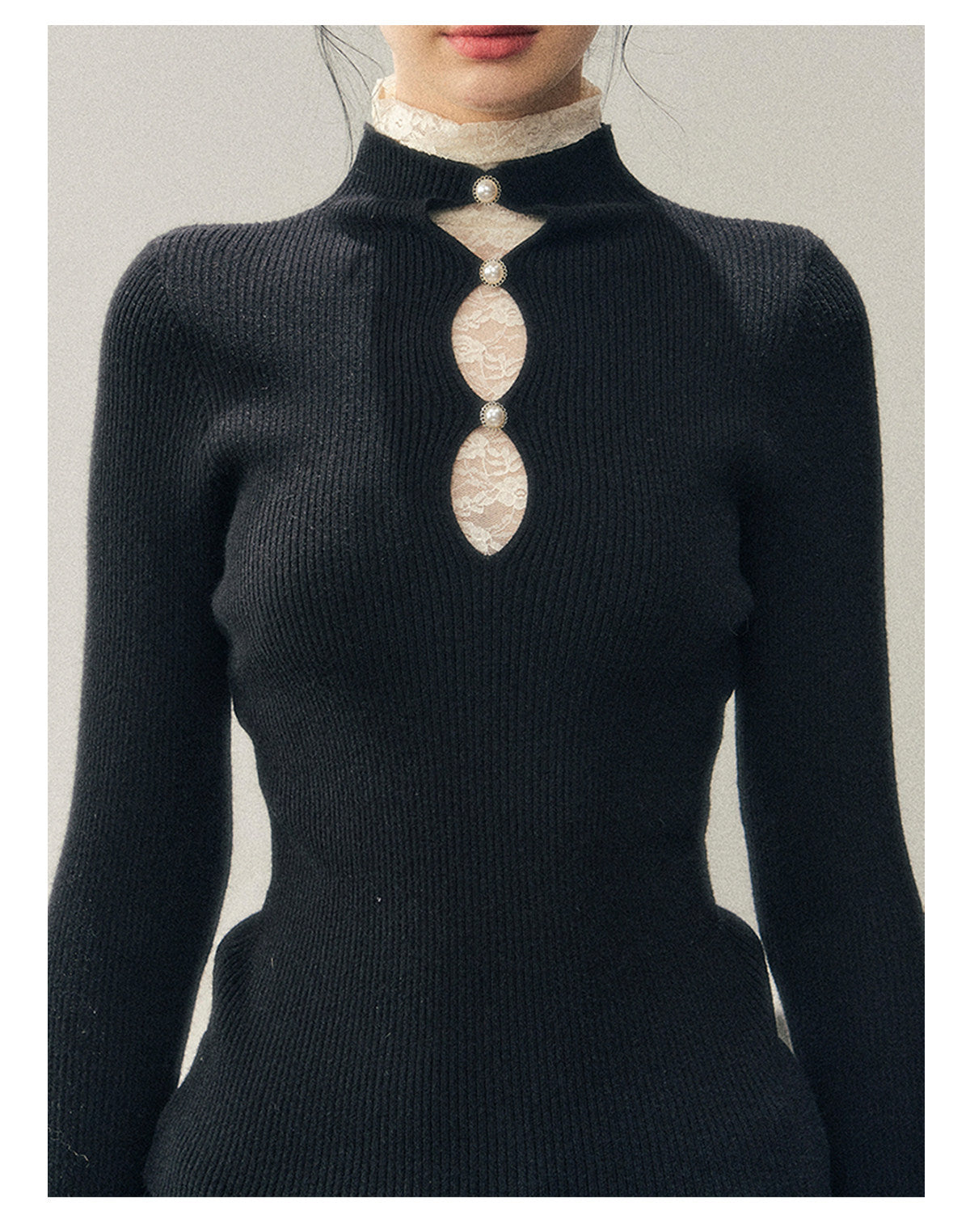 040126 "Lacewoven Dream" Mock Neck Layered Lace Knit Top - Obsidian Black