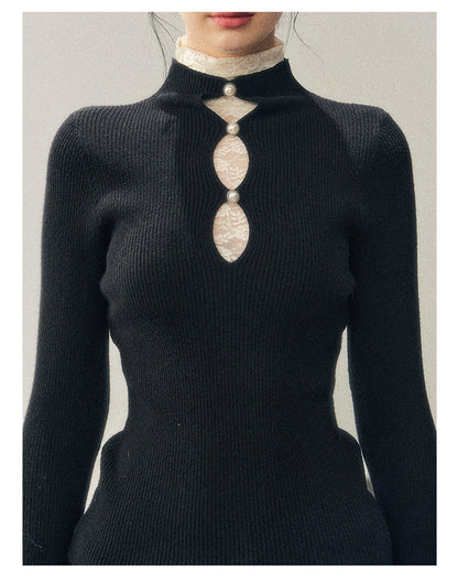 040126 "Lacewoven Dream" Mock Neck Layered Lace Knit Top - Obsidian Black