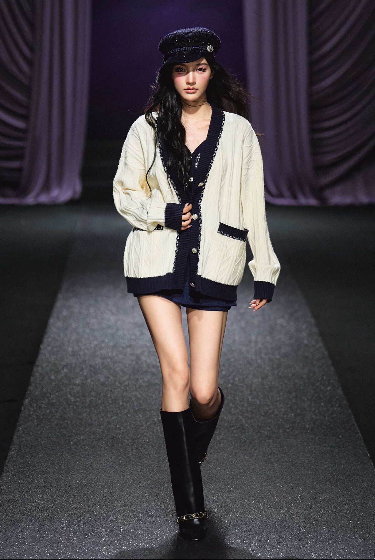 Contrast Knit Cardigan, V-Neck Tank & A-Line Skort Three-Piece Set