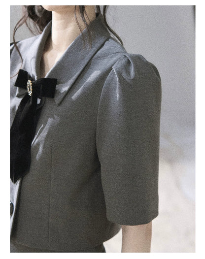 "Paris Afternoon" Slate Gray Bow Top & A-Line Mini Skirt Two-Piece Set
