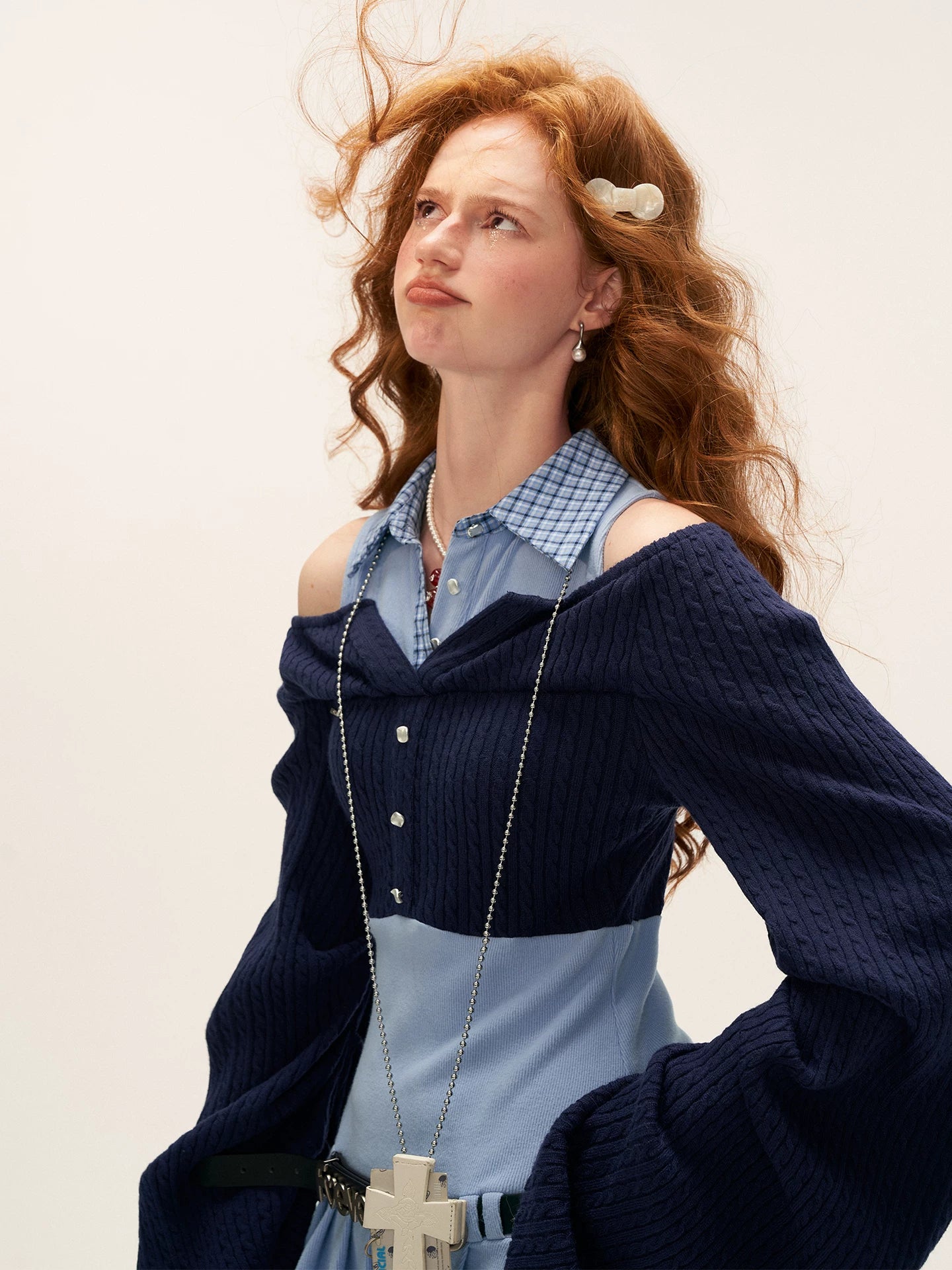 Blue Layered Collar Waist-Cinch Shirt Dress