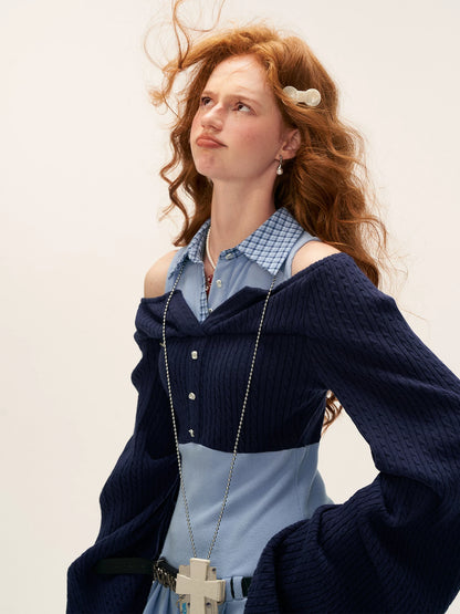 Blue Layered Collar Waist-Cinch Shirt Dress