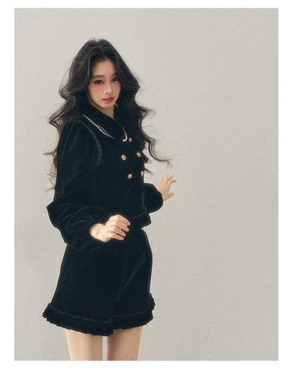 少也眼 “The Seventh Nocturne” Black Velvet French-Style Jacket & Shorts Set