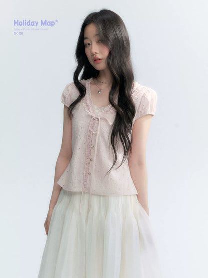 "Blush Sweetheart" Embroidered Puff Sleeve Blouse