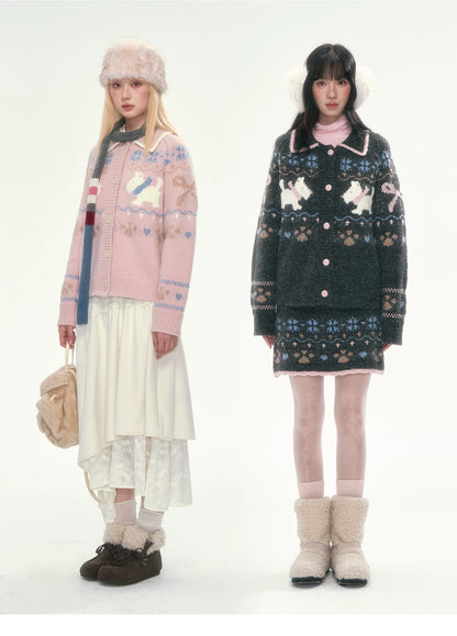 [CAN] Puppy Fair Isle Knit Sweater & Skirt Set (Gray / Pink)