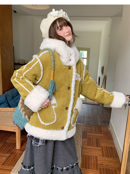 阮阮自制 - Tea Field Olive Green Shearling Jacket