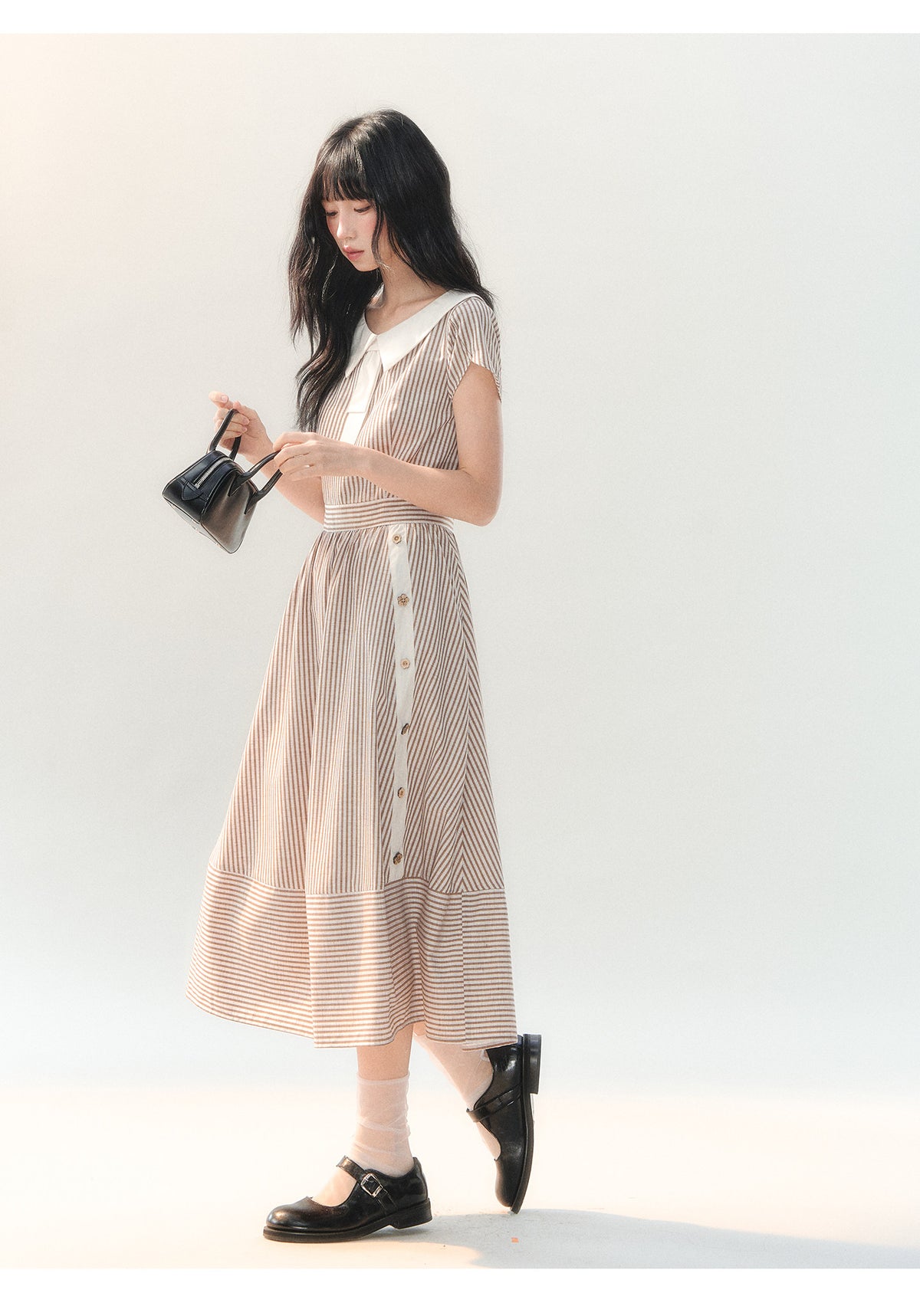 [CAN] "Coffee Meets Cream" Mocha Stripe Bow Collar Dress