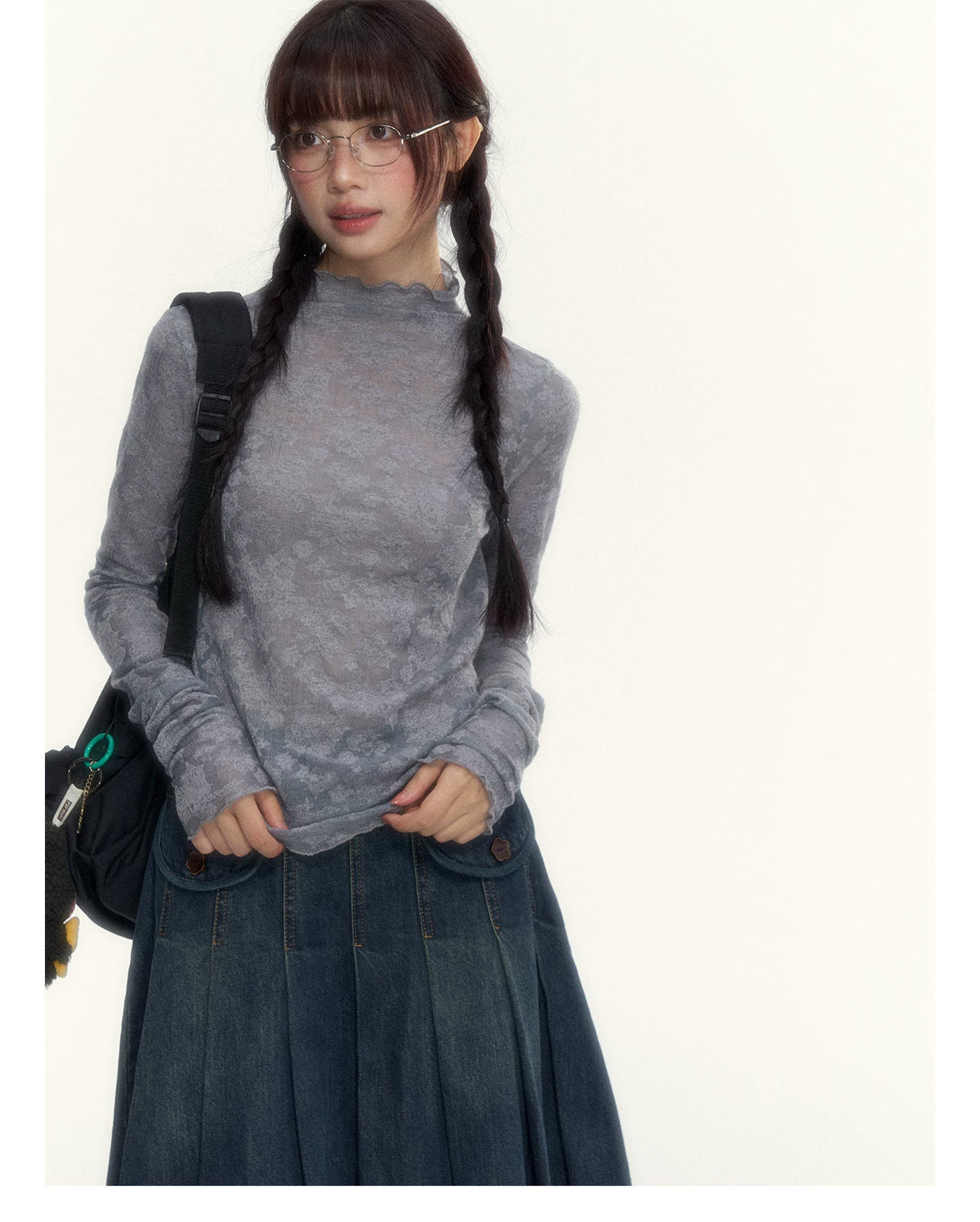 “Everyday Mist” Jacquard Lace Layering Top ( Ivory / Fog Gray )