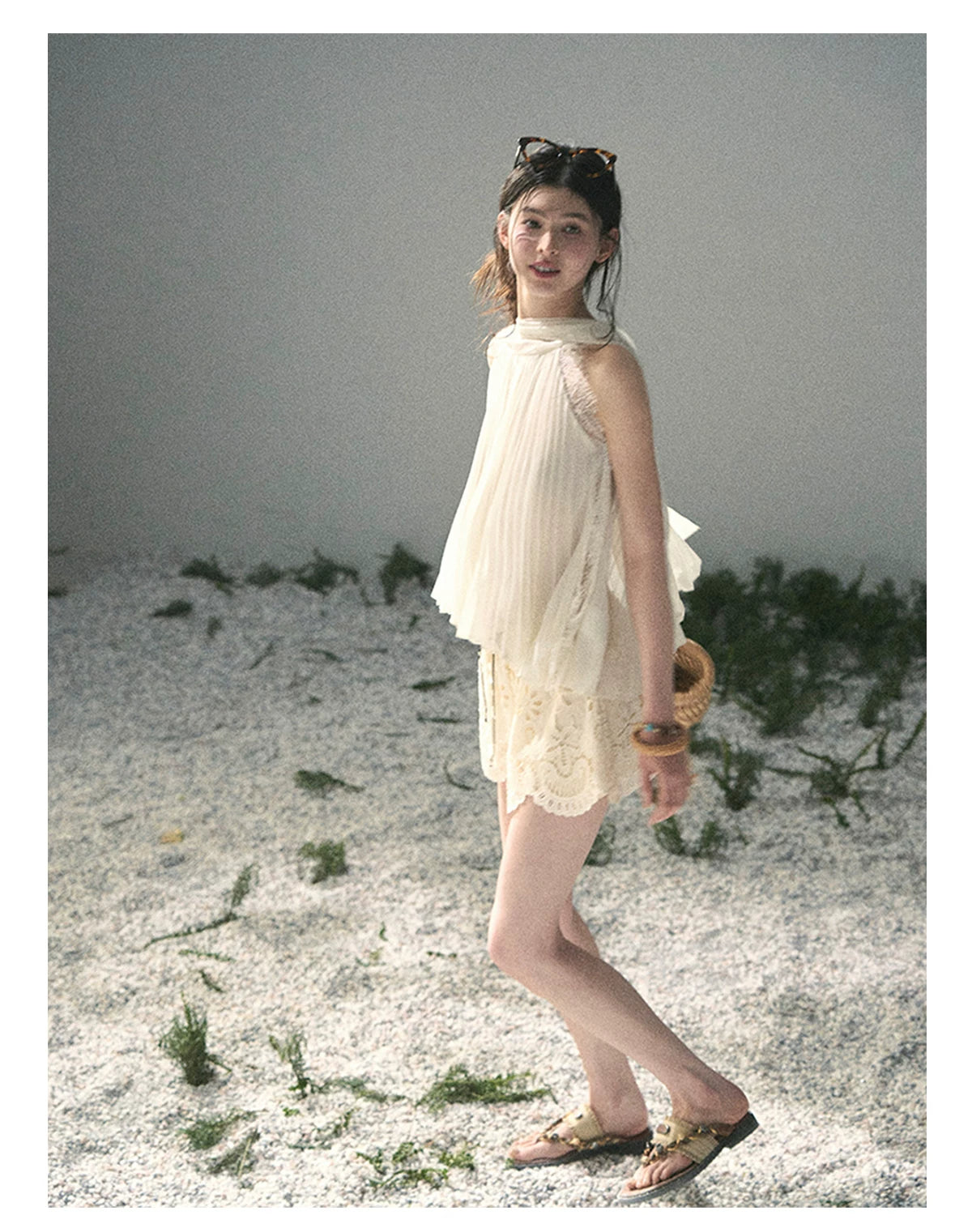 “Summer Light Through Pleats” Ivory Lace Pleated Halter Blouse