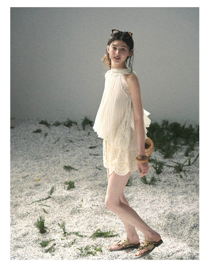 “Summer Light Through Pleats” Ivory Lace Pleated Halter Blouse