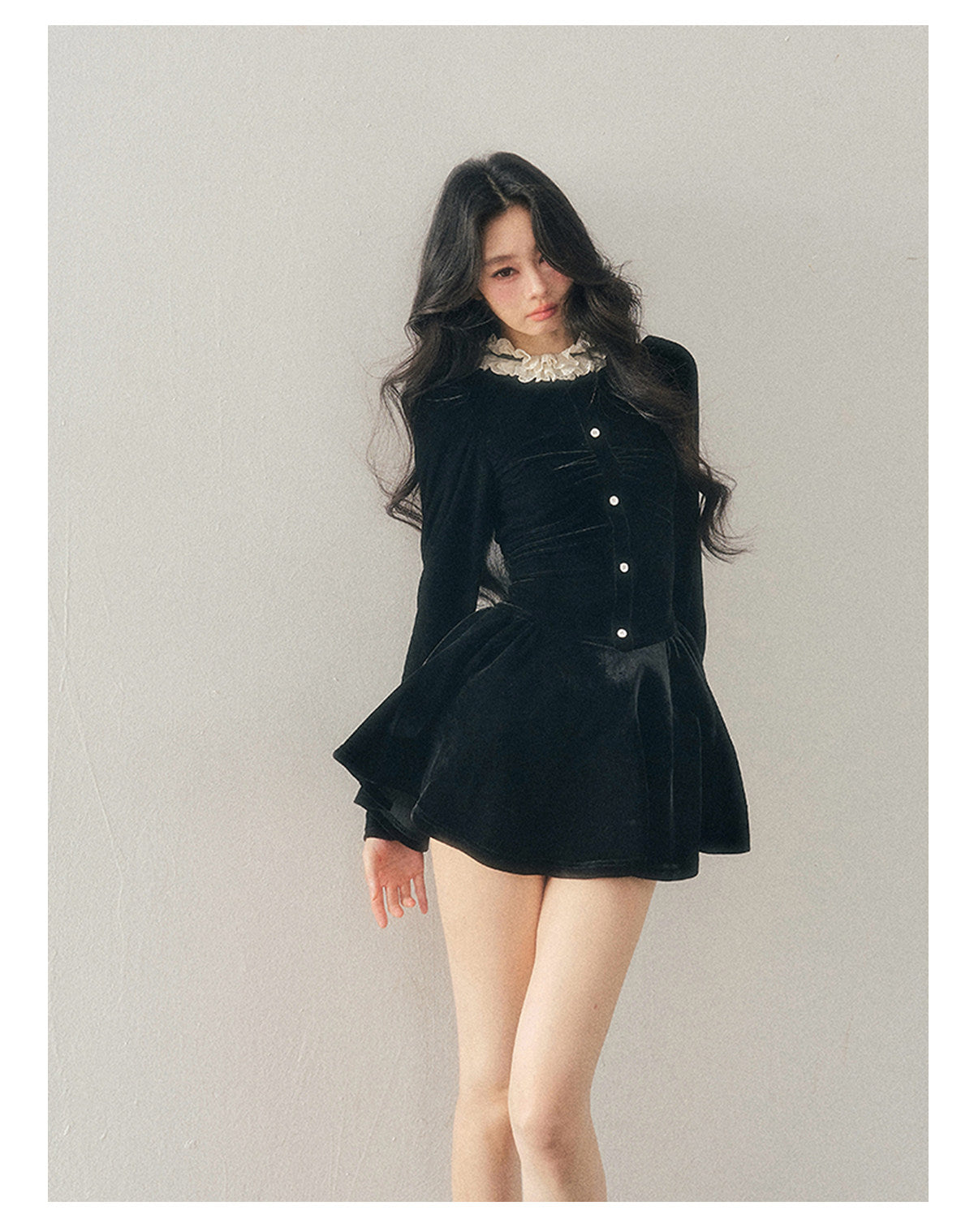 040126 "The Bladette Heiress" French Lace-Trim Velvet Mini Dress