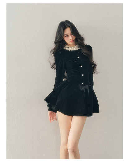 040126 "The Bladette Heiress" French Lace-Trim Velvet Mini Dress