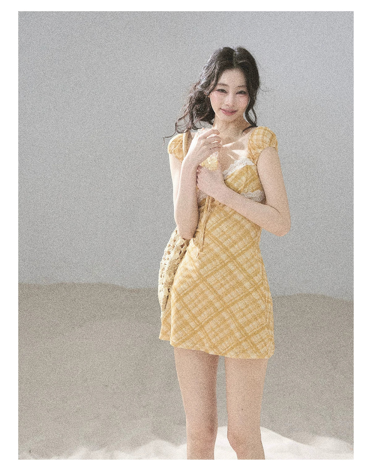 "Golden Wheat Whisper" Goose Yellow Lace Diamond Mini Dress