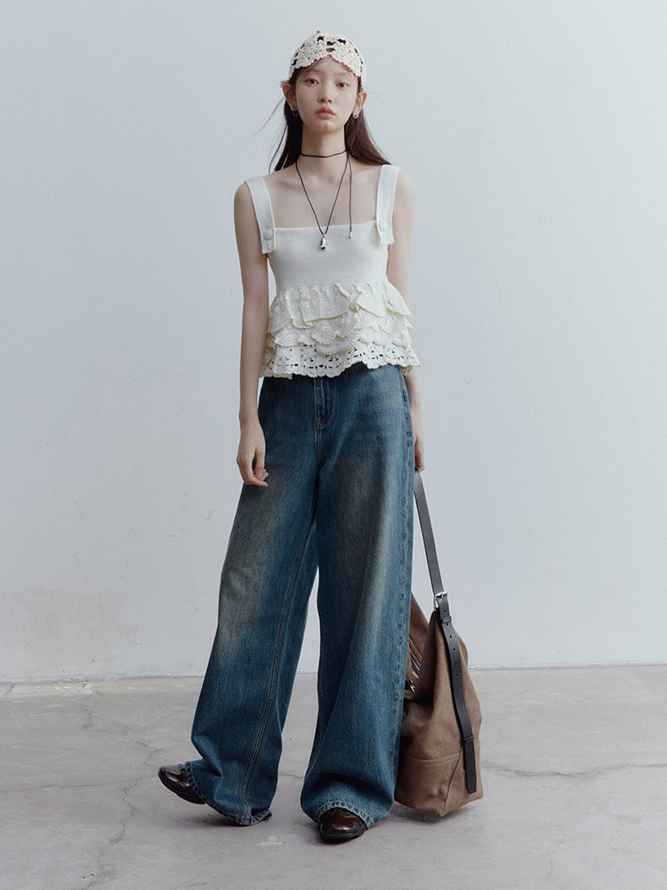 FUSSED Vintage Blue Low-Waist Wide-Leg Washed Denim Pants FOF-25SS173
