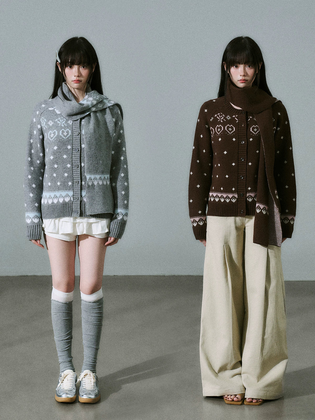 LOST FOREST - Gray Blue Fair Isle Wool-Blend Cardigan & Scarf Set