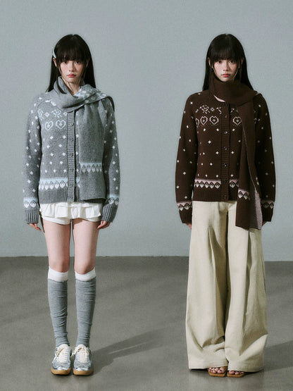 LOST FOREST - Gray Blue Fair Isle Wool-Blend Cardigan & Scarf Set