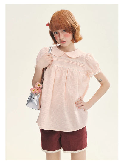 "Sweet Silhouette" Plaid Lace Trim Puff Sleeve Peter Pan Collar Blouse (Red Blue / Red White)