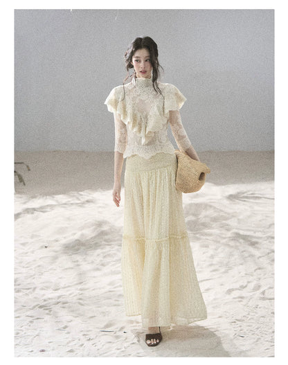 "Whispering Wheat Fields" Sage Mist Lace Maxi Skirt