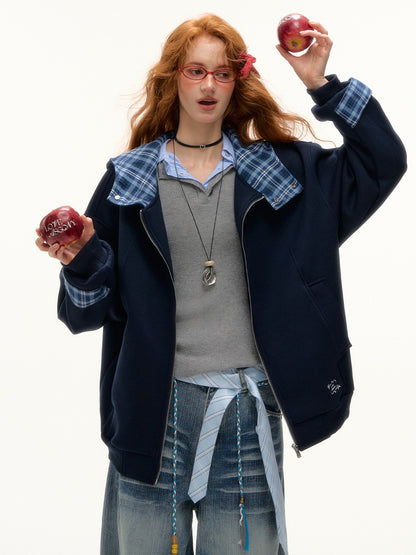 ASGONY - Plaid-Lined Oversized Hoodie Jacket (Navy)