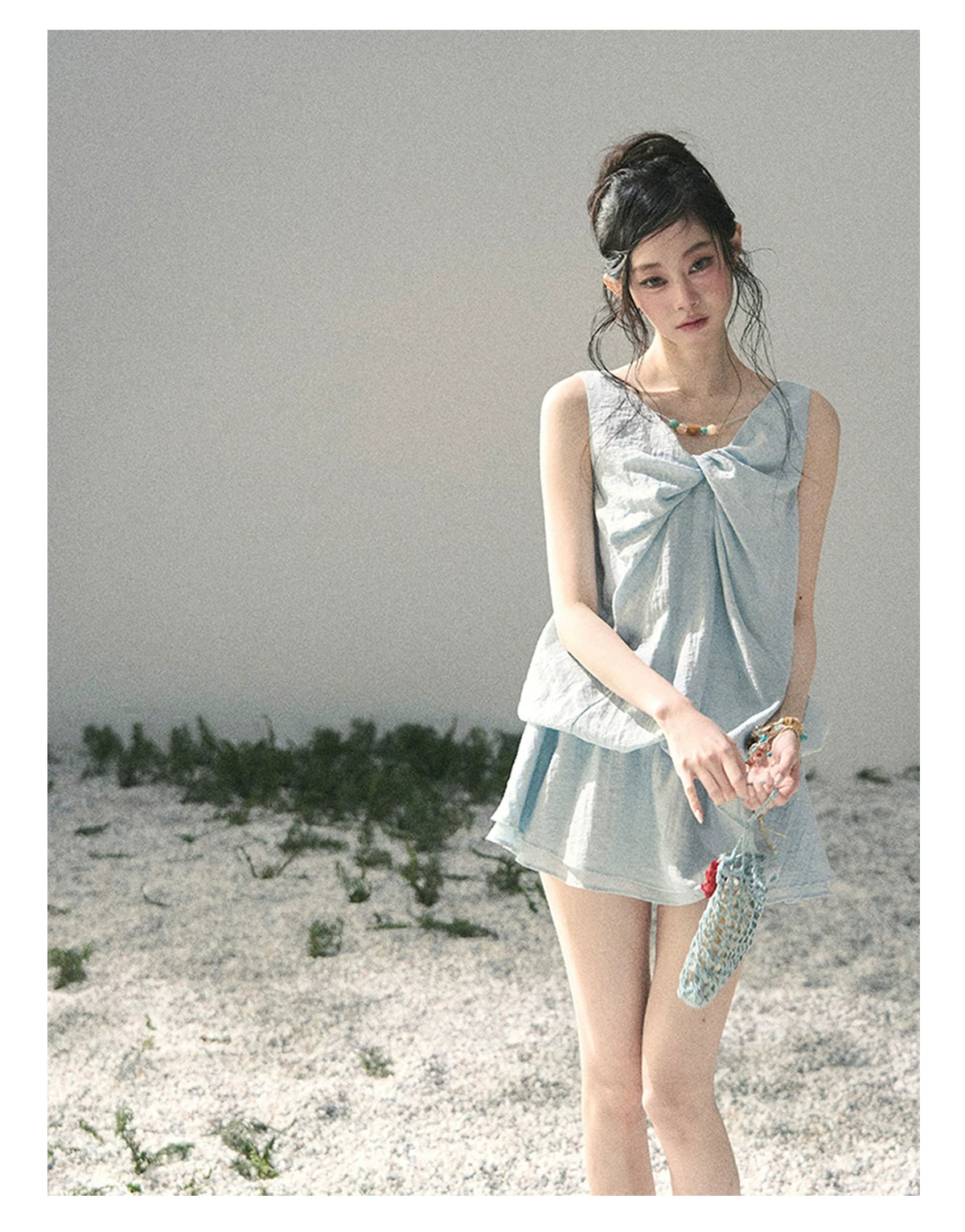 “Whispering Grass” Moonlight Blue Twist Mini Dress