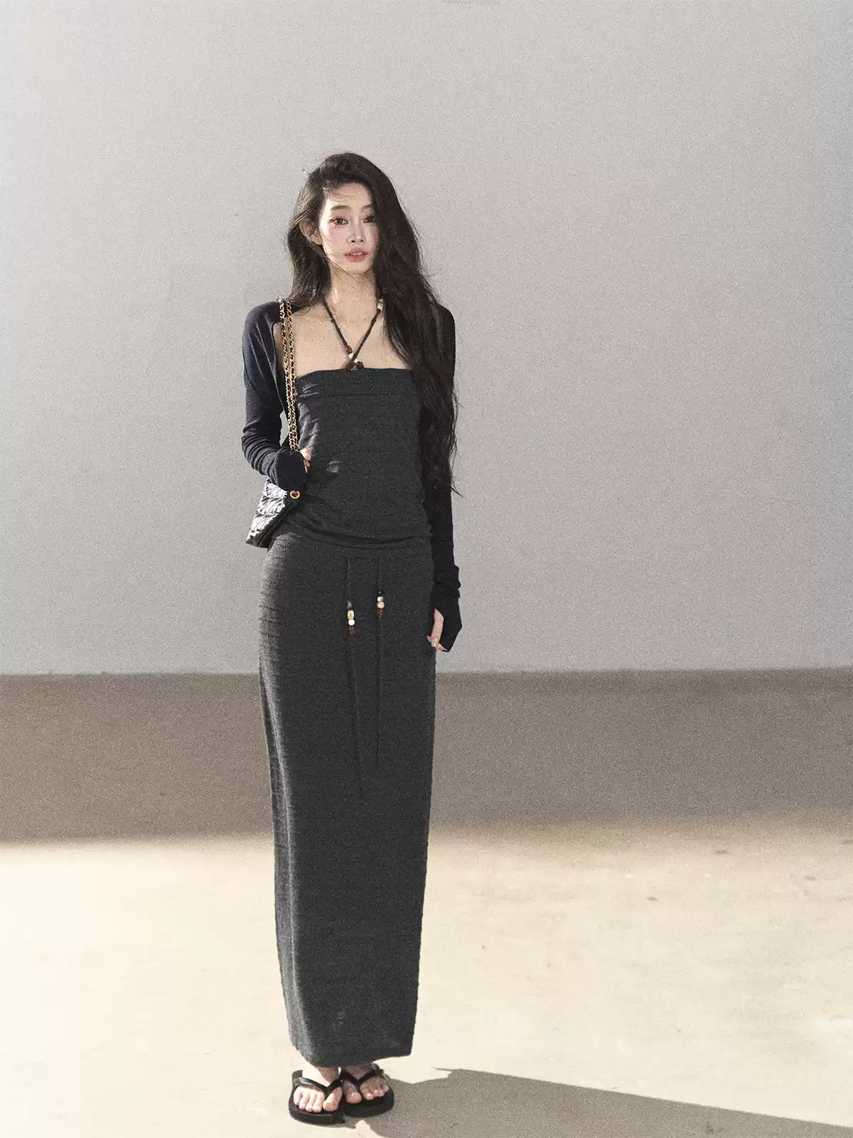 AOMALM - Whale Gray Convertible Knit Tube Top & Maxi Skirt Set