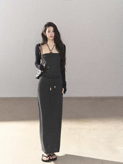 AOMALM - Whale Gray Convertible Knit Tube Top & Maxi Skirt Set