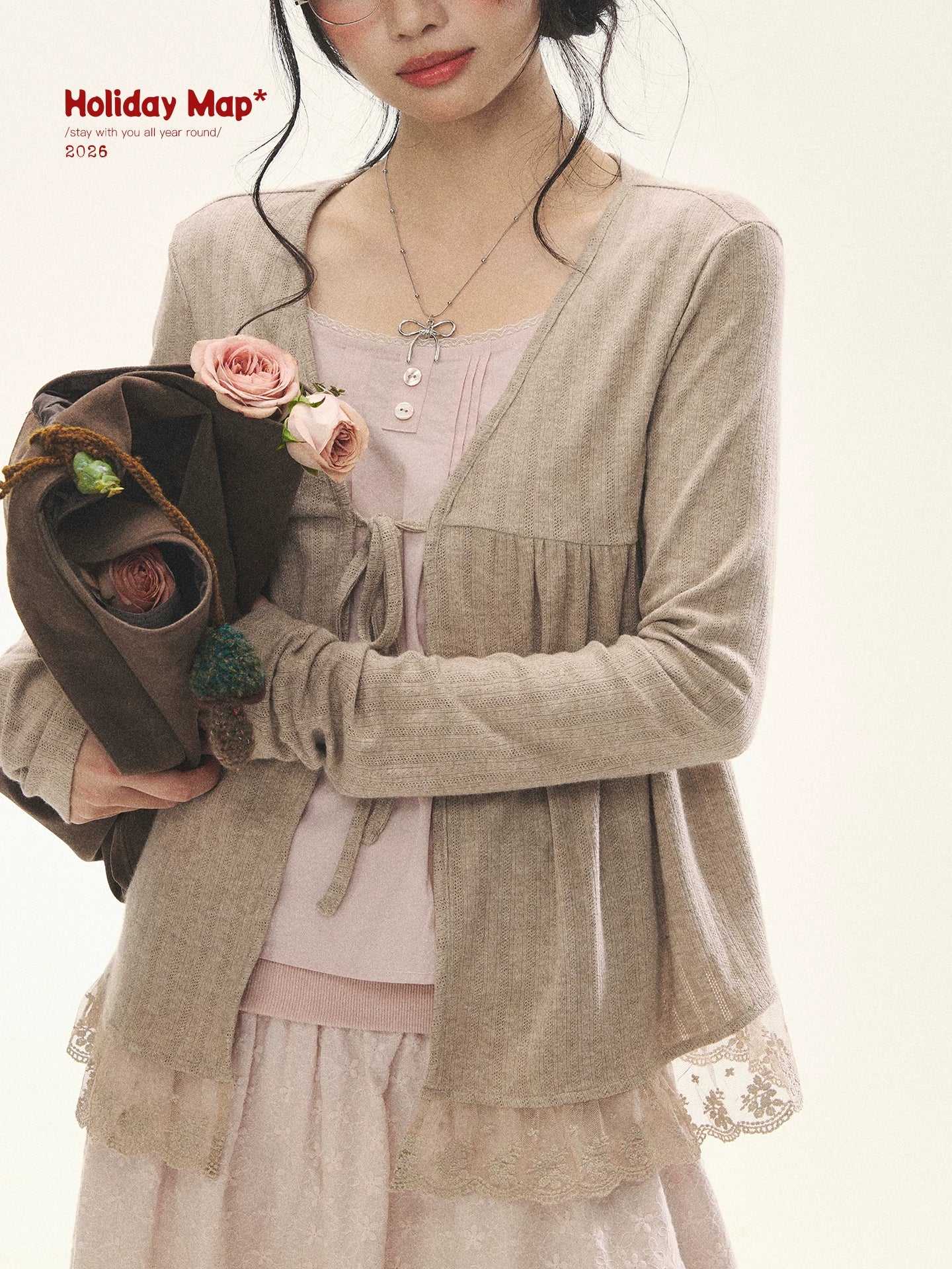 "Roasted Tea Heart" Milk Tea Faux-Layer Lace Cardigan & Skirt Set