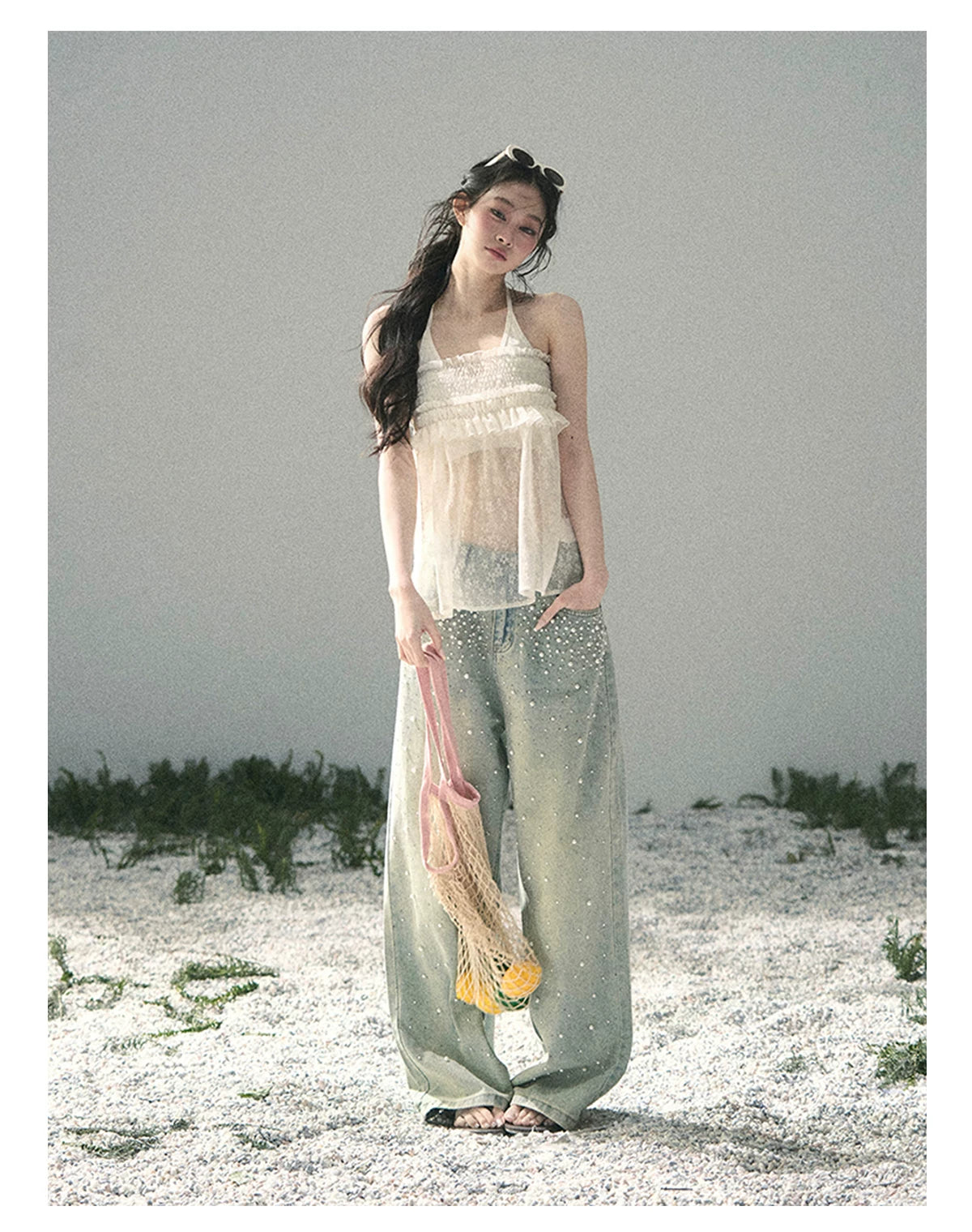 “Shattered Glasslight Veil” Cream Lace Halter Twinset Top