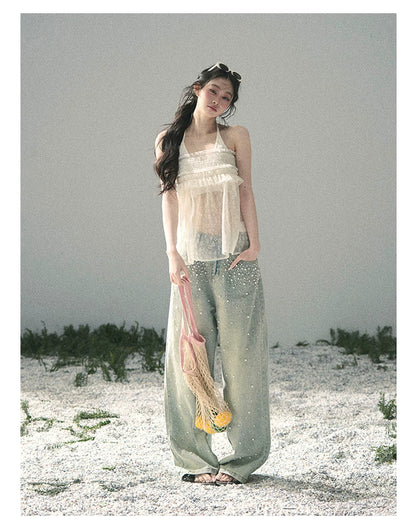 “Shattered Glasslight Veil” Cream Lace Halter Twinset Top