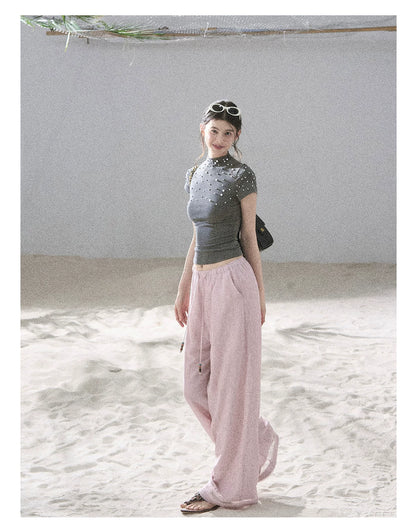 "Scattered Across the Milky Way" Pearl Beaded Knit T-Shirt (Haze Blue/ Sage Gray)