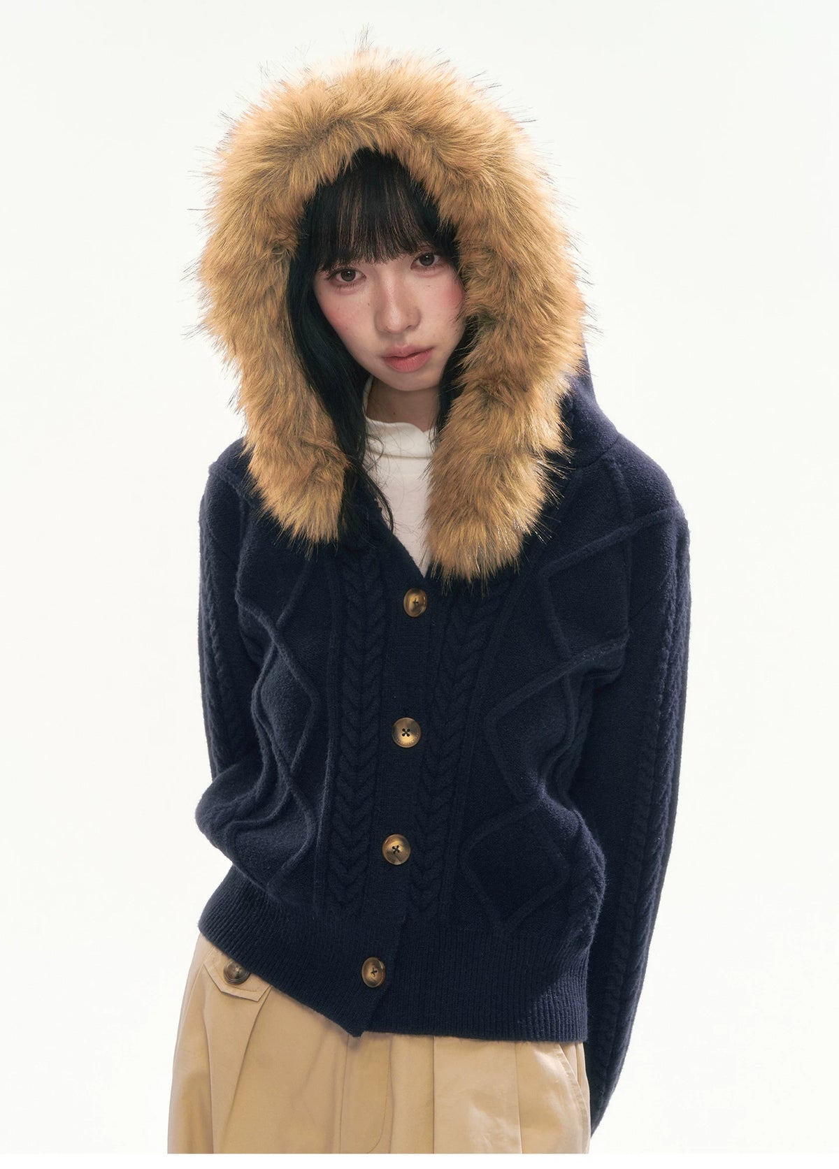 [CAN] Cable Knit Hooded Cardigan (Navy / Dusty Pink)