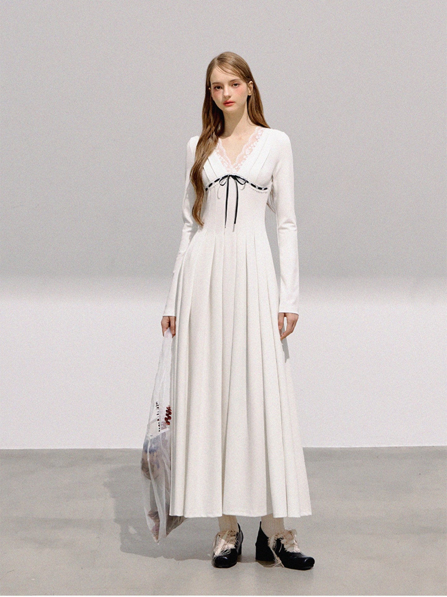 BOHOL BLING - French Romantic V-Neck Lace Trim Pleated Maxi Dress