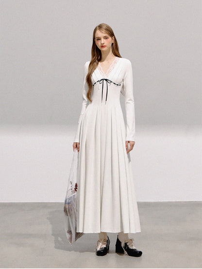 BOHOL BLING - French Romantic V-Neck Lace Trim Pleated Maxi Dress