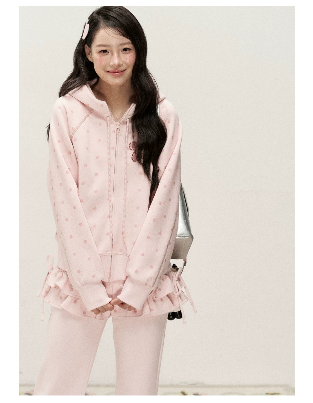 [RF] Polka Dot Hoodie and Pants Set with Zip Closure in Soft Pink