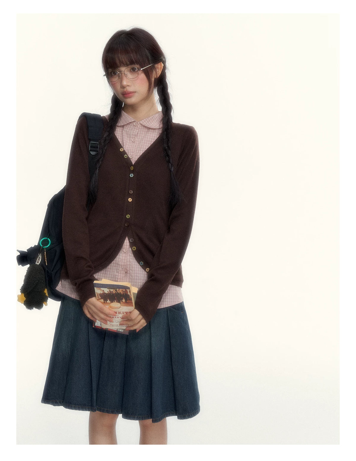 “Chestnut Book Knit” Red Brown Faux-Layered Colorful Button Cardigan