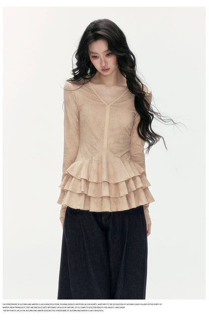 24olvides - V-Neck Lace Top with Tiered Hem (White / Khaki)
