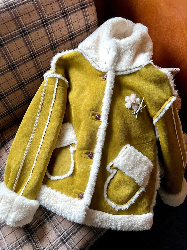 阮阮自制 - Tea Field Olive Green Shearling Jacket