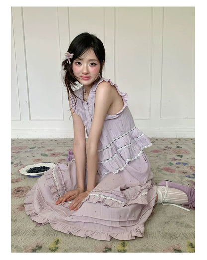“Taro Polka Reverie” Lavender Polka Dot Skirt Set
